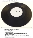 Vinylová deska 10 desítka, velikost, průměr desky, váha v gramech, čas - doba záznamu v minutách. RPM - otáčky desky.