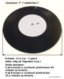 Vinylová deska 7 sedmička, velikost, průměr desky, váha v gramech, čas - doba záznamu desky v minutách. RPM - otáčky desky.
