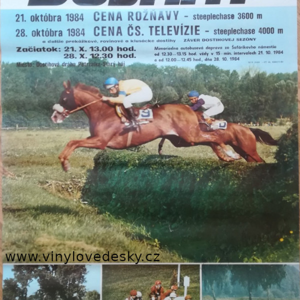 Plakát koně, dostihy Bratislava 1984-říjen, Cena Rožňavy steeplechase, Cena ČS.Televizie, Petržalka, Starý Háj-koně, závody