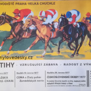 Plakát koní, dostihy – Praha-Velká Chuchle-1977-červen-Velká Pražská Steeple-Chase,Cena o Zlatý pohár Zemědělských novin,Československé Derby 1977-koně-E.Kotrba
