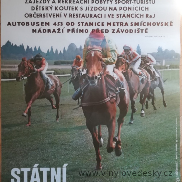 Plakát na dostihy koní. Velká-Chuchle-1986-reklama-sázky-Státní-Závodiště-Praha