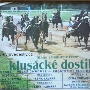 Plakát koní.Dostihy-klusácké-Praha-Velká-Chuchle-1987-březen-duben-Cena Justýna,Cena Kajaka,Cena Virtuose,Handicap-Nevele-Pride,Cena Tillherra,Pohár šampionů