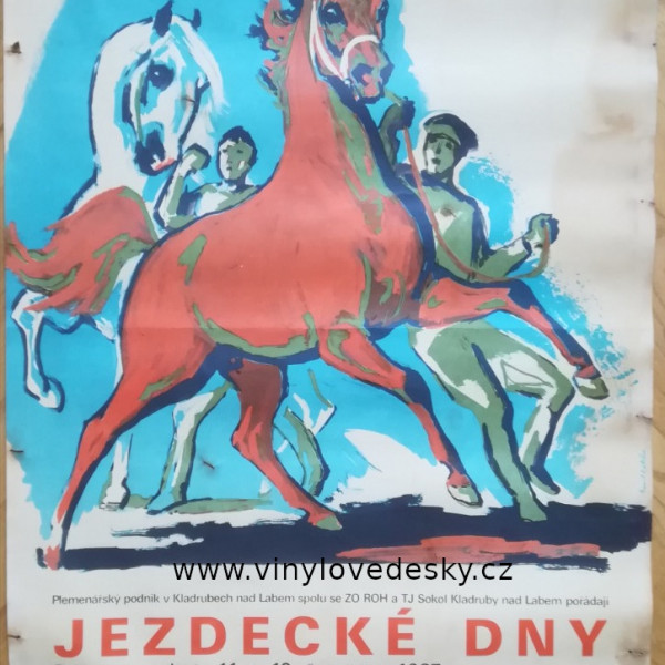 Plakát koní. Jezdecké-dny-Kladruby-nad-Labem-1987.07.-Plemenářský-podnik-Kladruby-nad-Labem-dostihy-čtyřspřeží-parkur-koně-E.Kotrba