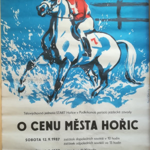 plakát, jezdecké závody, dostihy, návrh Emil Kotrba, Cena města Hořic-Hořice-Podkrkonoší-1987.09.12-13-TJ START