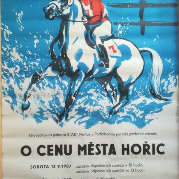 plakát, jezdecké závody, dostihy, návrh Emil Kotrba, Cena města Hořic-Hořice-Podkrkonoší-1987.09.12-13-TJ START