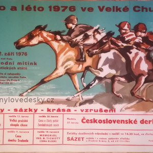 Plakát - dostihy-Praha-Velká Chuchle-1976.06,a 09-Velká Pražská Steeple-Chase,Cena o Zlatý pohár Zemědělských novin, Československé Derby 1976, koně-Emil Kotrba