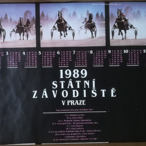 Plakát koní, kalendář 1989, klusácké dostihy